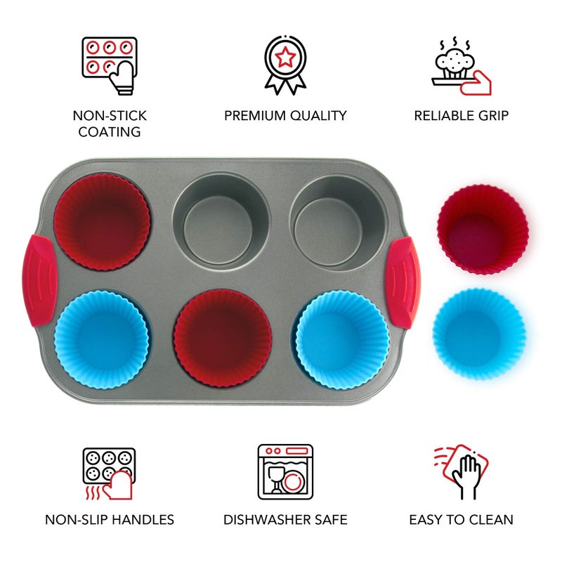 Boxiki Kitchen Non-Stick Steel 6 Cup Muffin Pan with Silicone Handles and Reusable Liners - Perfect for Baking Large Muffins and Cupcakes - Image 4